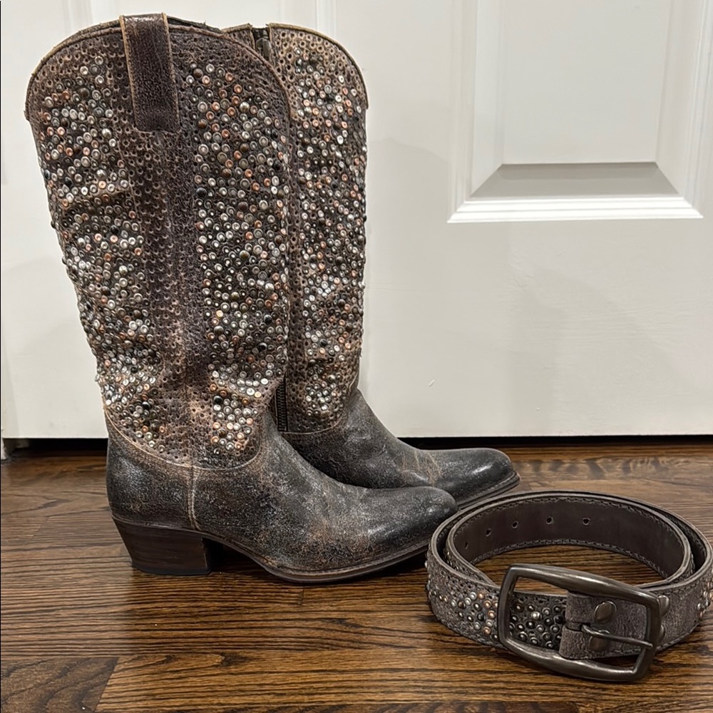 Frye Women's Studded Brown Heeled Boots with matching belt